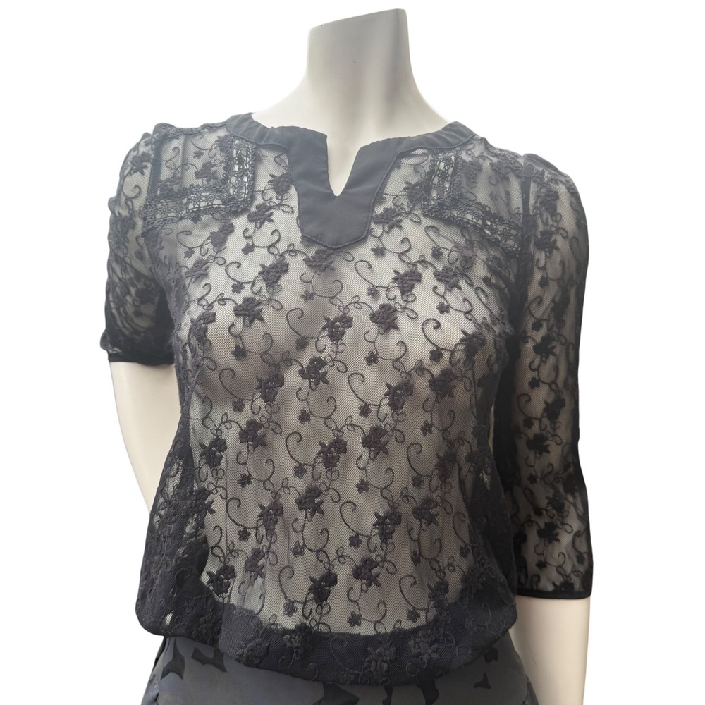 Monteau Lace Blouse Sheer Floral Split Neck Black Witchy Coquette Whimsigoth M